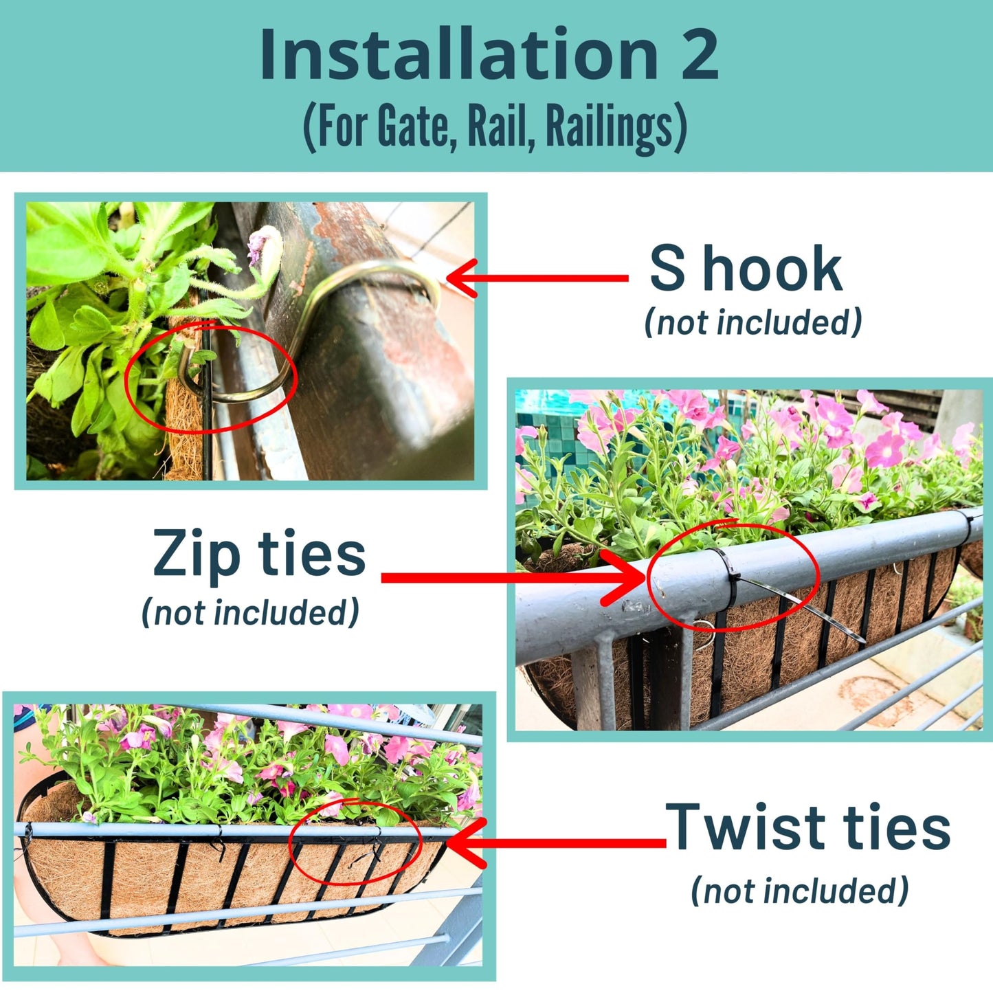 LaLaGreen Deck Railing Planter Boxes - 30 Inch, 4 Pack Wall Planters for Outdoor Plants, Window Flower Boxes Deck Railings with Coco Liners Metal Horse Troughs Fence Balcony Patio Porch Over Rail