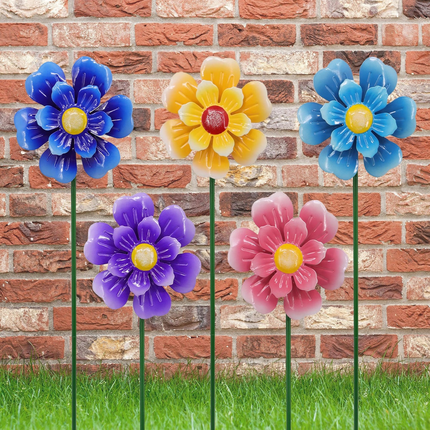 Metal Flower Wind Spinner Garden Lawn Stakes Yard Art, 27 Inch Windmill Outdoor Garden Iron Handicraft Lawn Ornament, Outside Front Porch Patio Yard Decor, 5 Pieces Outdoor Valentines Decoration Gift