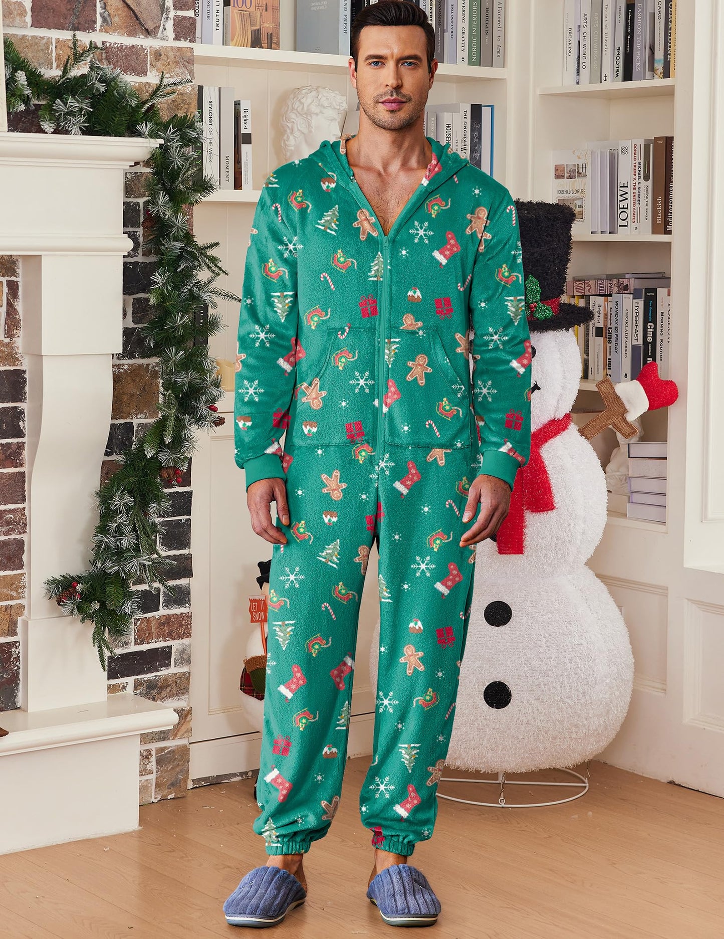 Ekouaer Mens Onesie Christmas Hoodie Fleece One Piece Pajamas Zipper Up Flannel Adult Pjs S-XXL Green Snowflake M