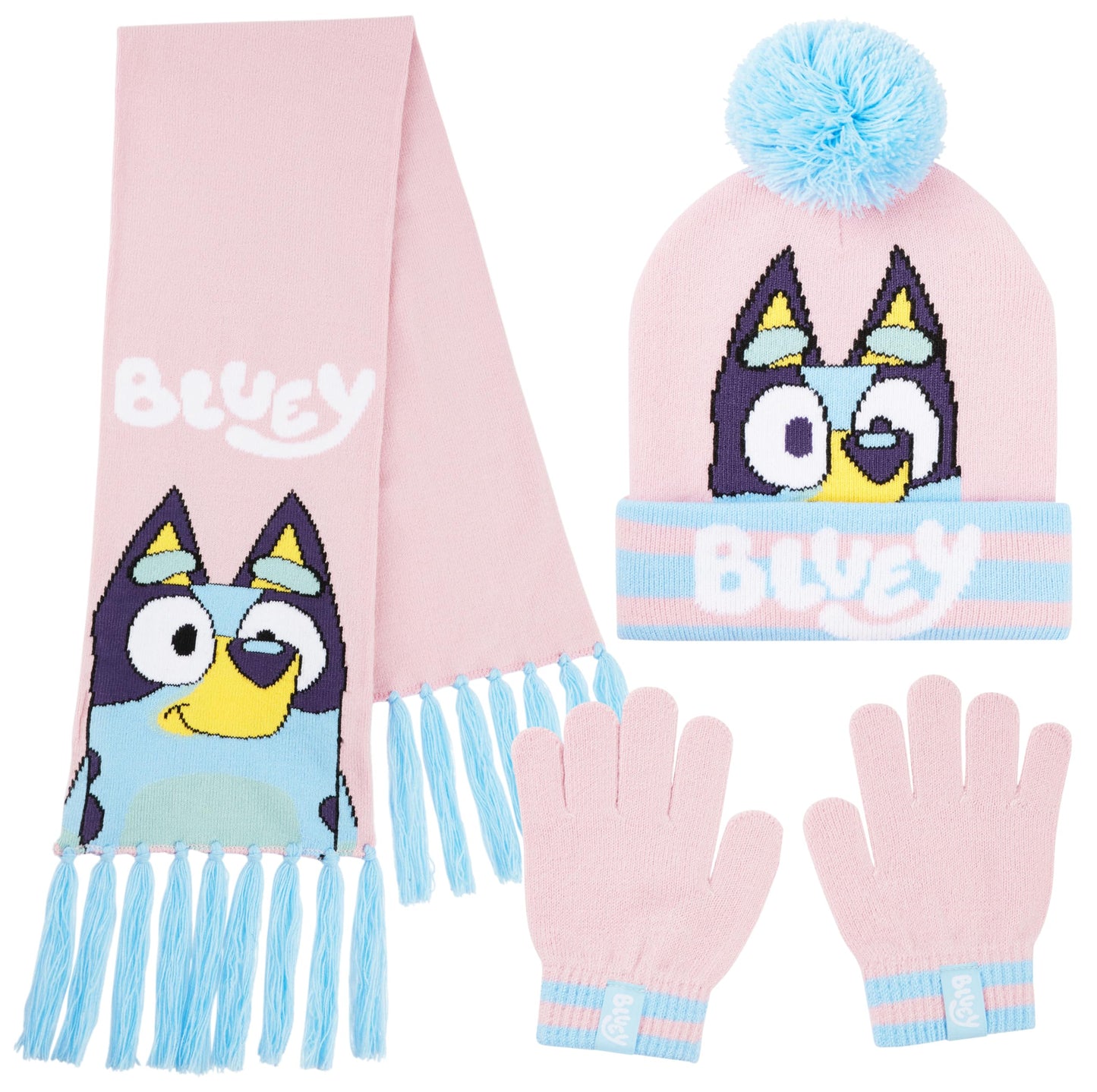 Bluey Girls Winter Accessories Set Cosy Warm Knit Hat Scarf & Kids Gloves or Beanie & Gloves School Travel, Kids Gifts (Pink Bluey 3 Pcs, 3-9 Years)