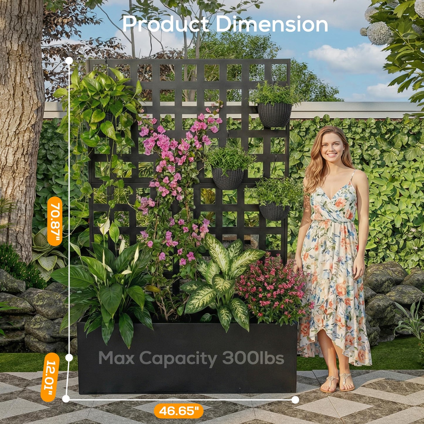 MOMOKOVA Metal Planter Box with Trellis Privacy Screen,46.65" L×12.01" W×70.87" H Raised Garden Bed with Trellis,Drainage Holes Privacy Screen Planter Box for Climbing Plants and Vegetable (Grid)