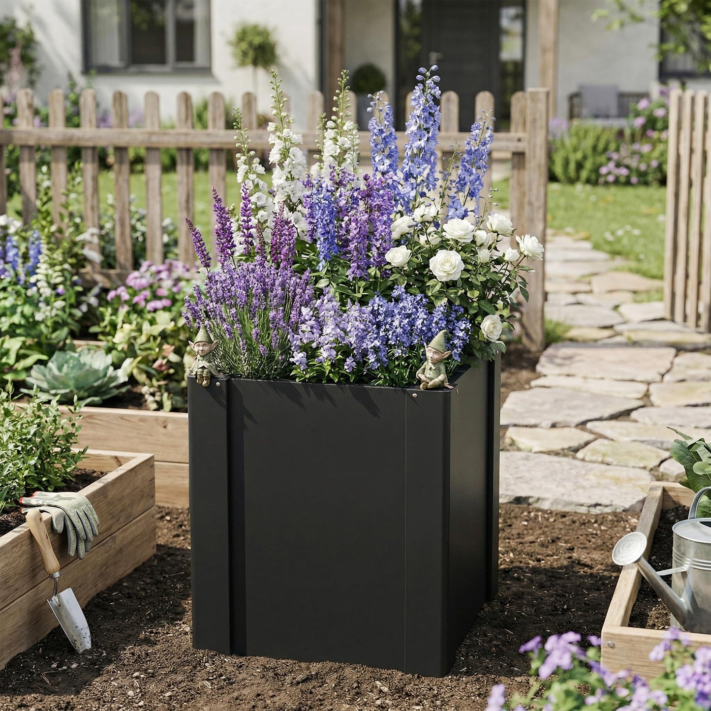 Outsunny Galvanized Tall Outdoor Planter, Metal Square Large Planter Box for Outdoor Plants with Gloves and Open Bottom for Vegetables, Flowers, Herbs, 1.4 x 1.4 x 1.5 ft, Black