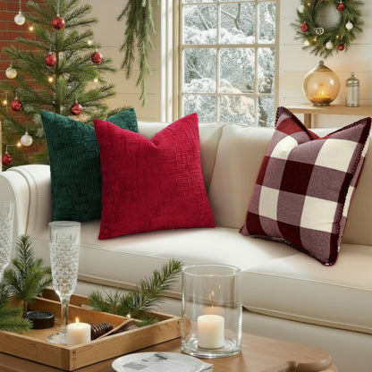 decorUhome Christmas Red Chenille Throw Pillow Covers 18x18 Set of 2 Thick Textured Slubby Couch Pillow Covers Farmhouse Accent Modern Neutral Decorative Pillow Cases for Bed Sofa Living Room