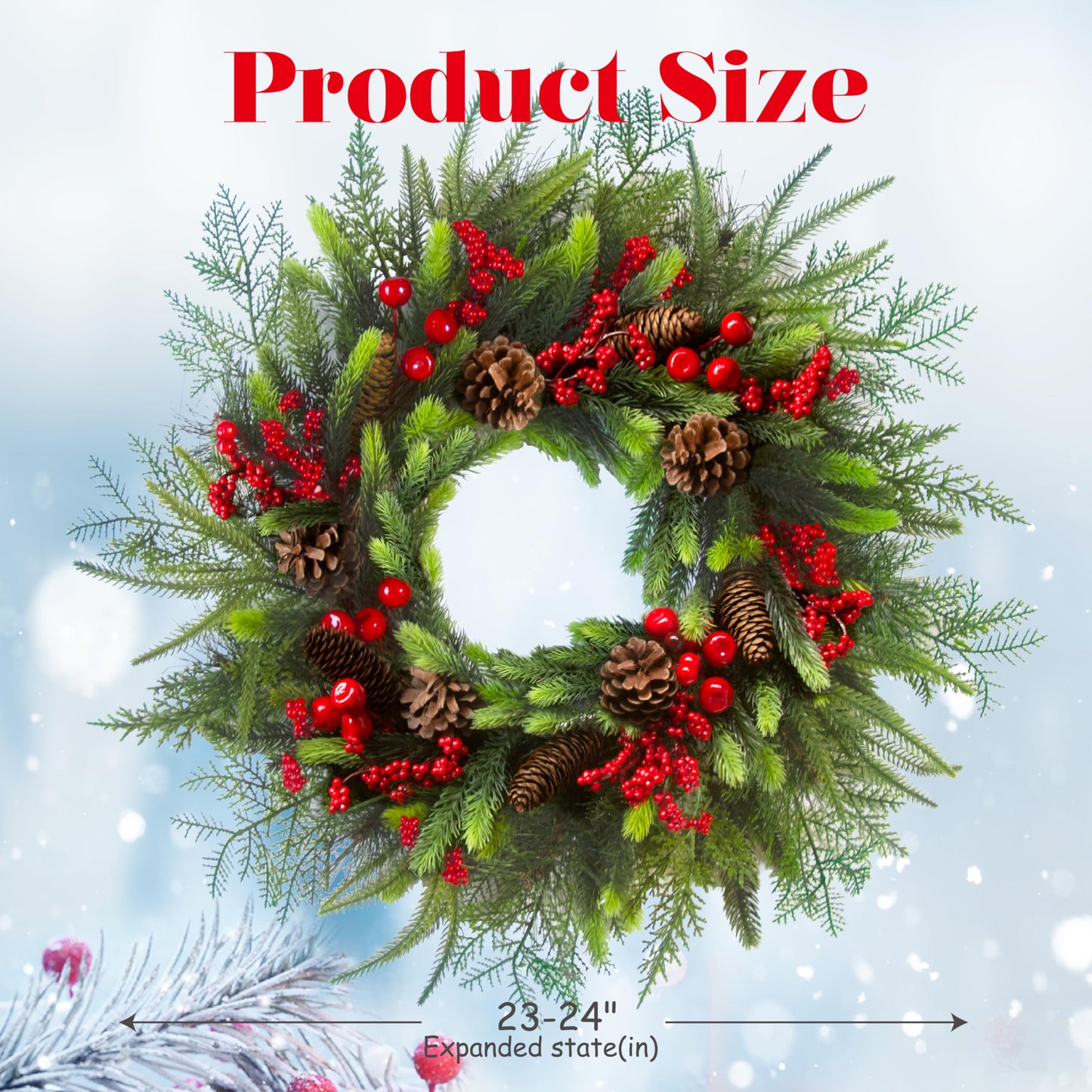 24 Inch Christmas Wreath with Red Berries, Pinecones and Greenery – Artificial Holiday Front Door Cedar Wreath for Farmhouse, Winter Indoor Outdoor Xmas Home Décor