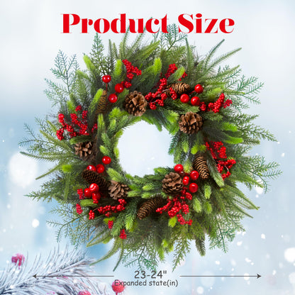 24 Inch Christmas Wreath with Red Berries, Pinecones and Greenery – Artificial Holiday Front Door Cedar Wreath for Farmhouse, Winter Indoor Outdoor Xmas Home Décor