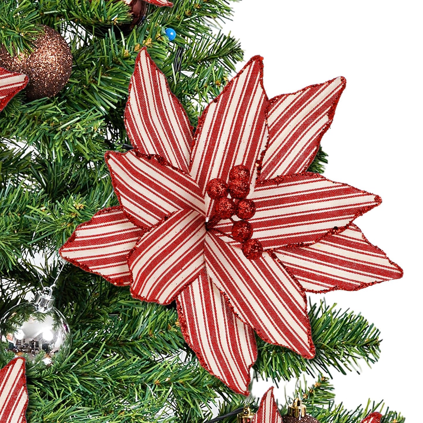 Soulchen 12 Pcs 12'' Red and White Christmas Poinsettia Candy Cane Poinsettia Christmas Tree Ornaments Peppermint Flower Tree with Stems Topper for DIY Xmas Wreath Garland Holiday Party Decor