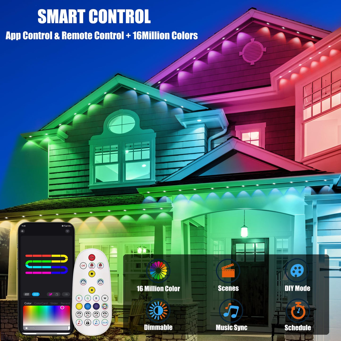 50FT Permanent Outdoor Lights with 30 Smart RGB LED Eave Lights, APP/Remote Control, IP67 Waterproof for House Roof, Eave, Garden, Outdoor Decorations, Christmas, Party Decor