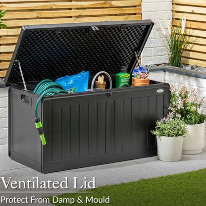 CHRISTOW Waterproof Garden Storage Box With Lockable Lid, Plastic Wood Effect Outdoor Storage Box, Aluminium Hinges, 190L