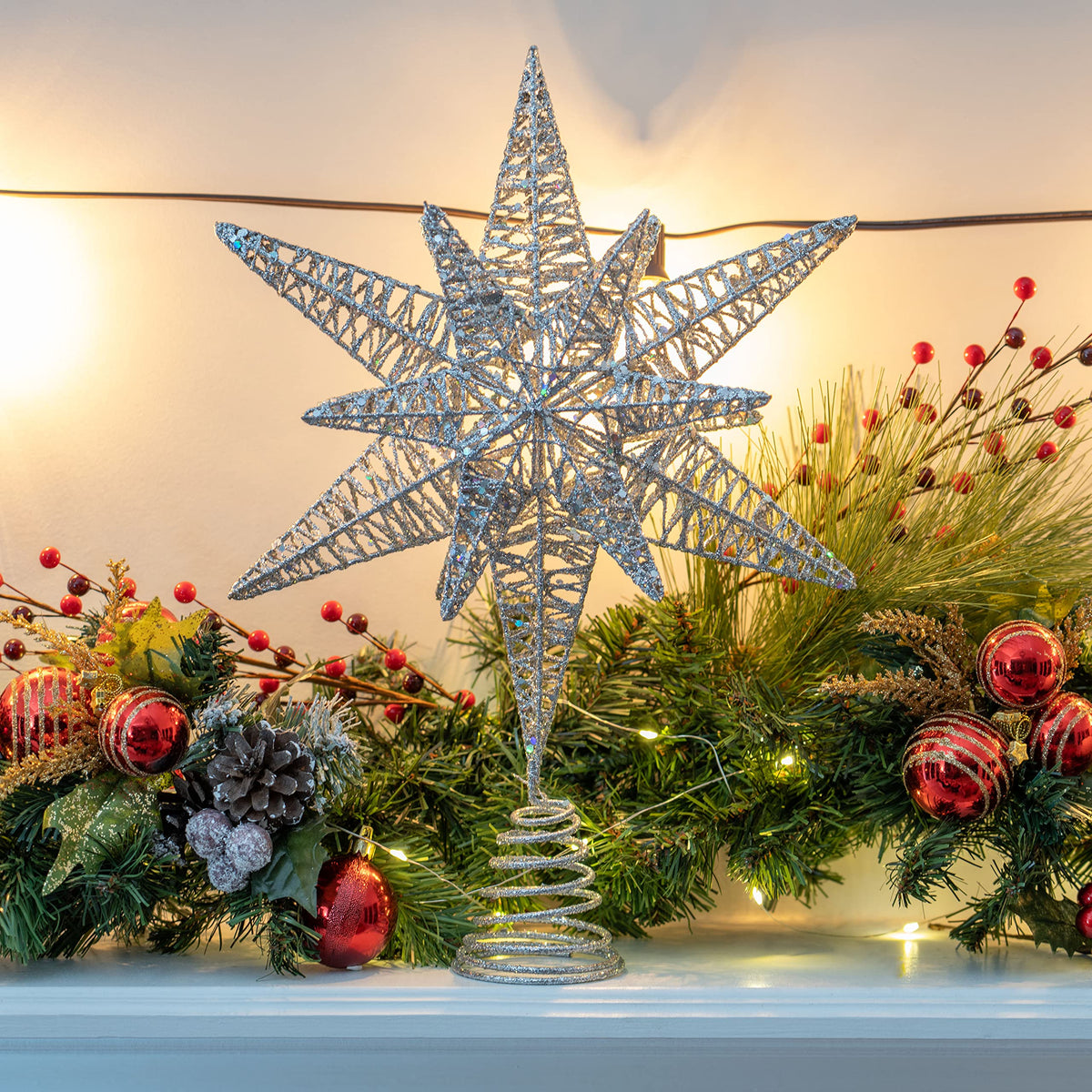 Ornativity Silver Star Tree Topper – Christmas Silver 3D Glitter Star Toppers Ornament Treetop Xmas Trees Top Decoration Holiday Decor 16"
