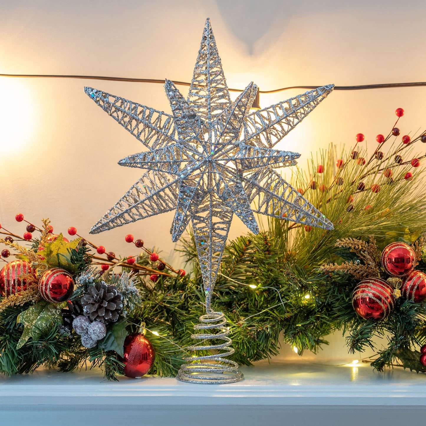 Ornativity Silver Star Tree Topper – Christmas Silver 3D Glitter Star Toppers Ornament Treetop Xmas Trees Top Decoration Holiday Decor 16"