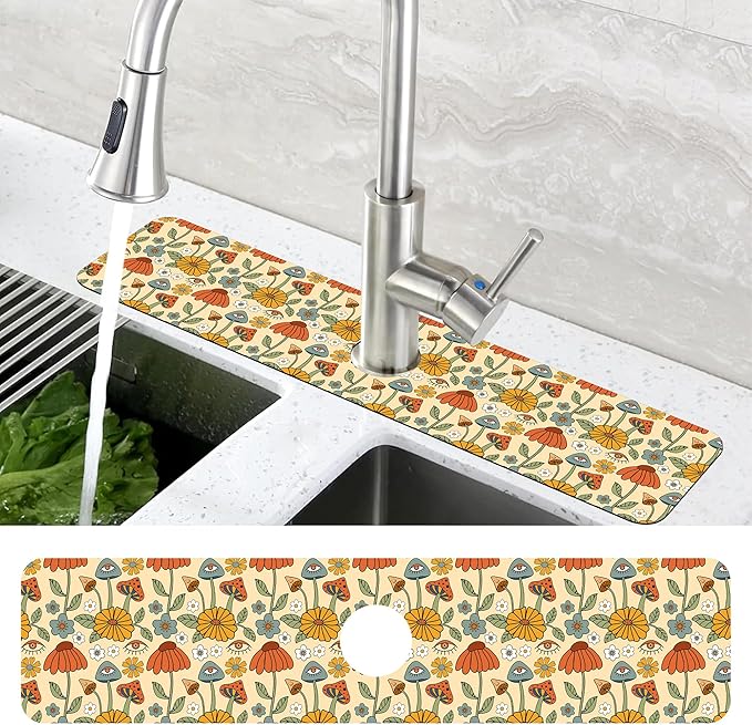 Abstract 70s Mushroom Floral Sink Faucet Absorbing Mat Sink Splash Guard Faucet