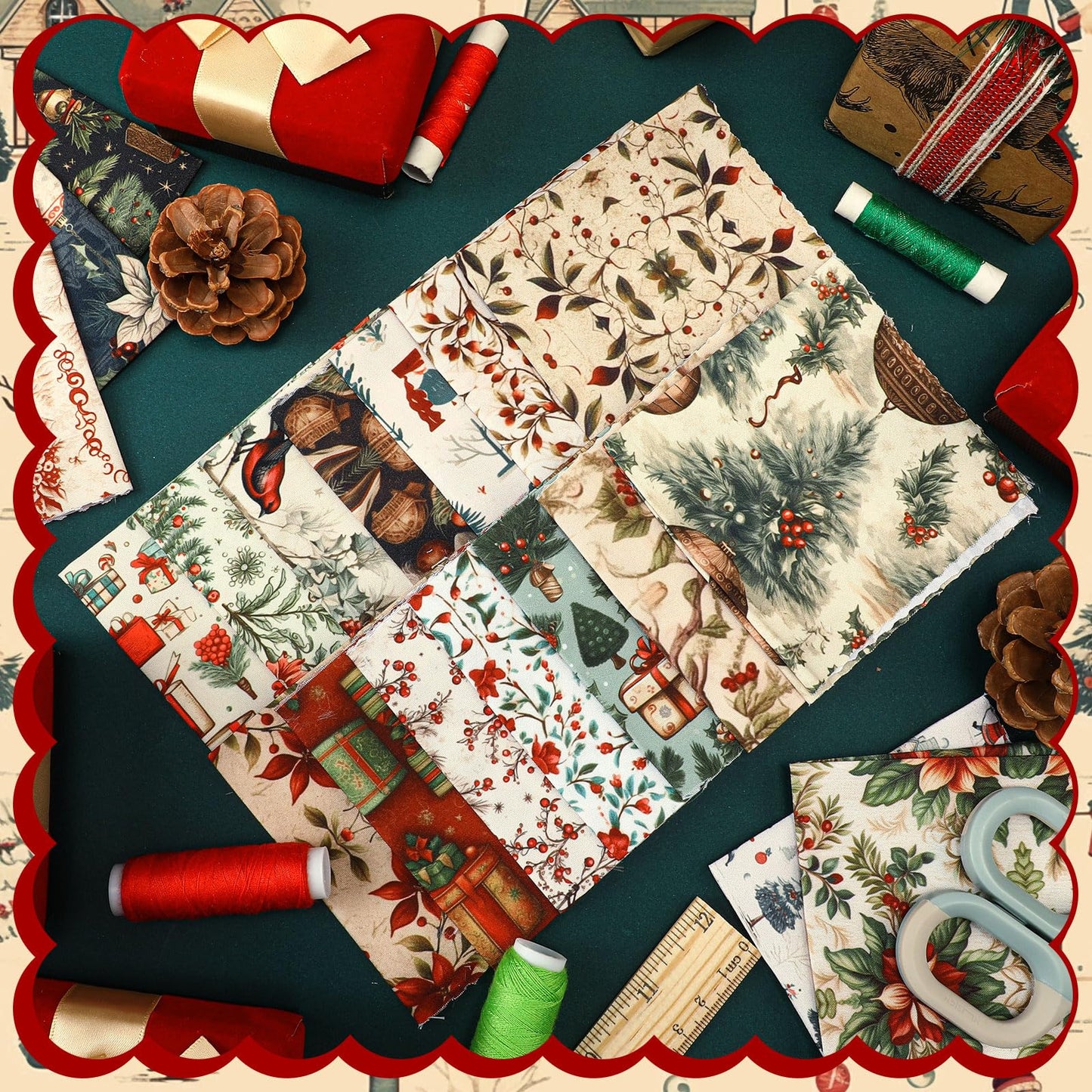 Fanfanwin 100 Pcs 8 x 8 Inch Vintage Christmas Quilting Fabric Christmas Fat Squares Patchwork Strips Santa Red Cardinal Precut Fabric Bundles for Xmas Handmade Crafting DIY Craft Sewing Material