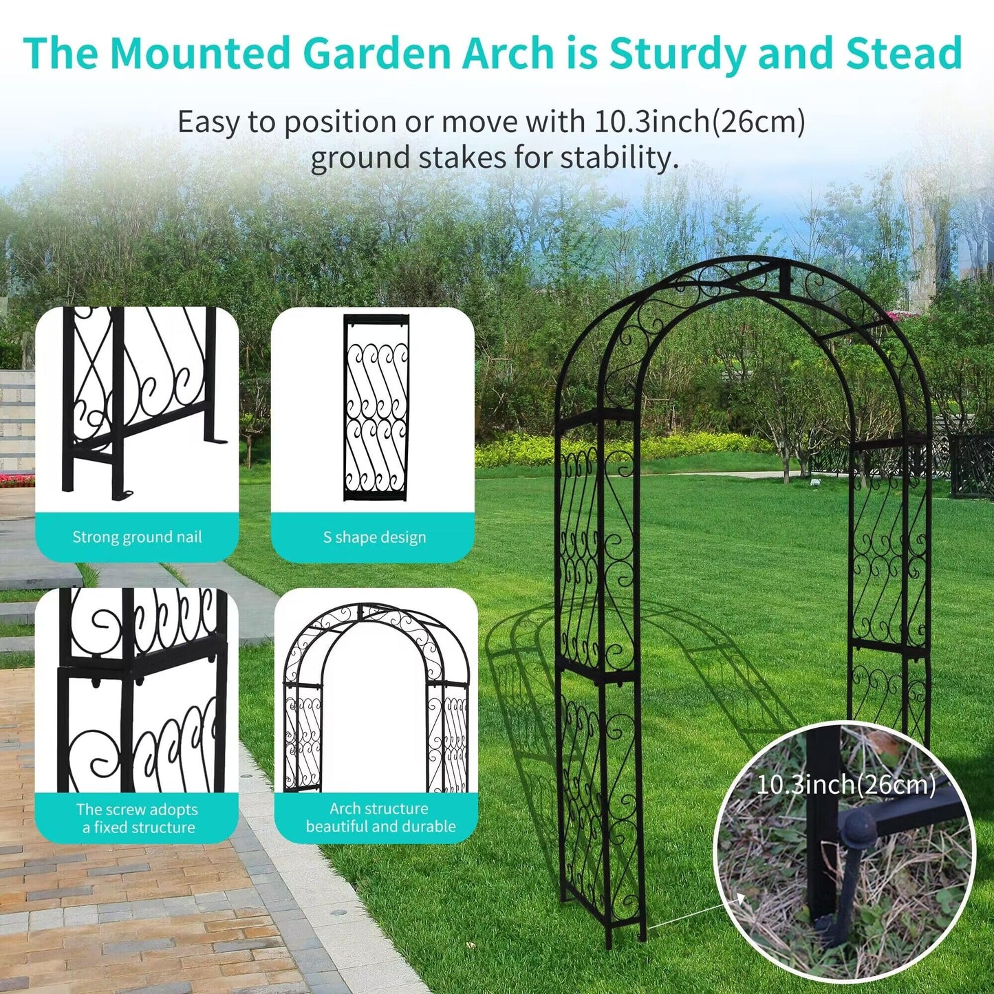 SCENDOR 48.8" W x 83.8" H Garden Arch, Black Sturdy Metal Iron Arbor, Courtyard Cast Trellis for Various Climbing Plant, Outdoor European-Style Archway Wedding Ceremony Party