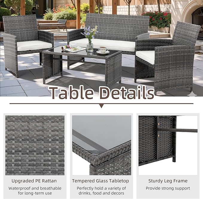 4 Piece Patio Ratten Set Outdoor Furniture Set Wicker Conversation Set