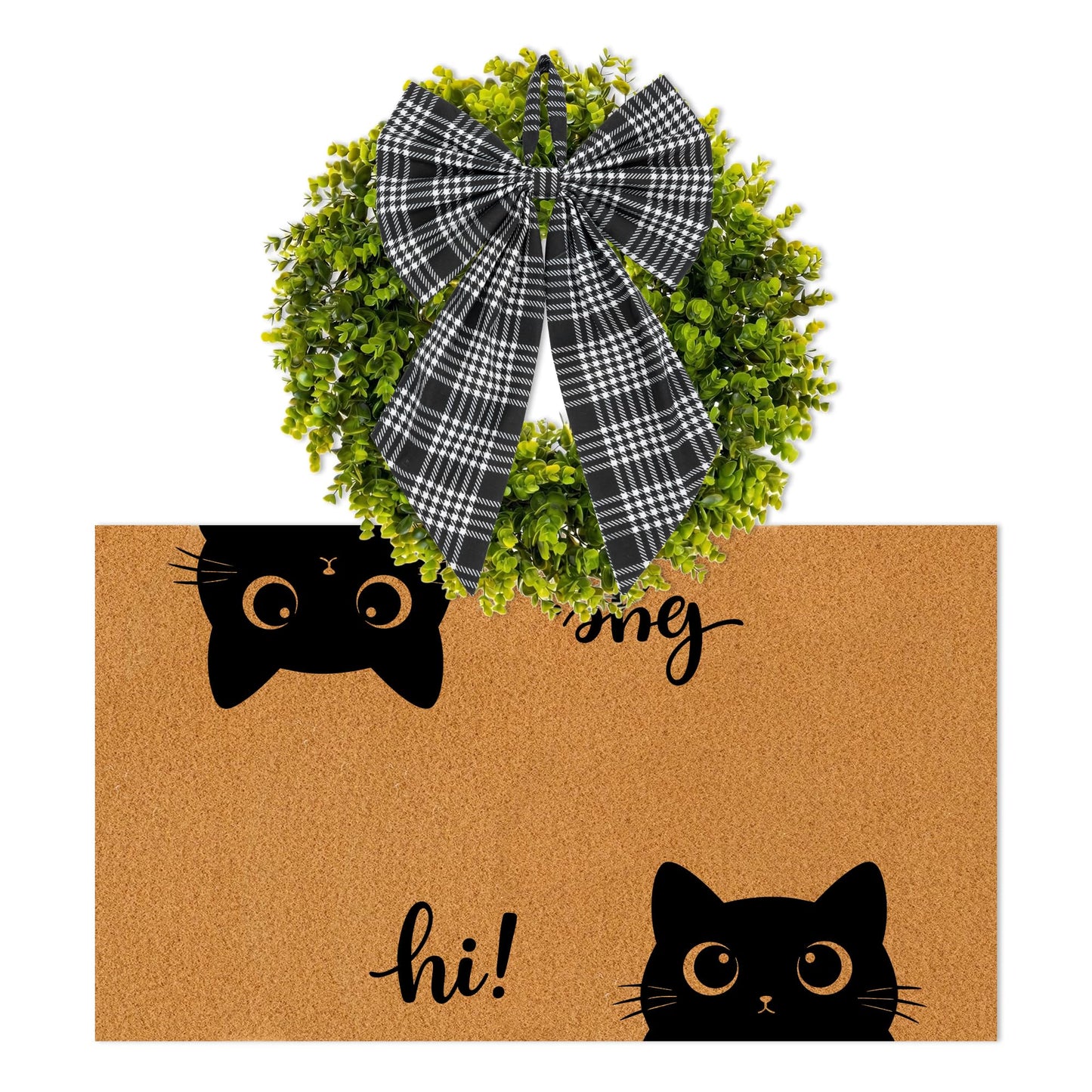 2 Pcs Funny Cat Front Door Mat and Wreath Set Cute Black Cat Faux Coir Doormat and 19" Artificial Greenery Wreath with Plaid Bow Welcome Outside Decor for Porch Entryway