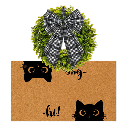 2 Pcs Funny Cat Front Door Mat and Wreath Set Cute Black Cat Faux Coir Doormat and 19" Artificial Greenery Wreath with Plaid Bow Welcome Outside Decor for Porch Entryway