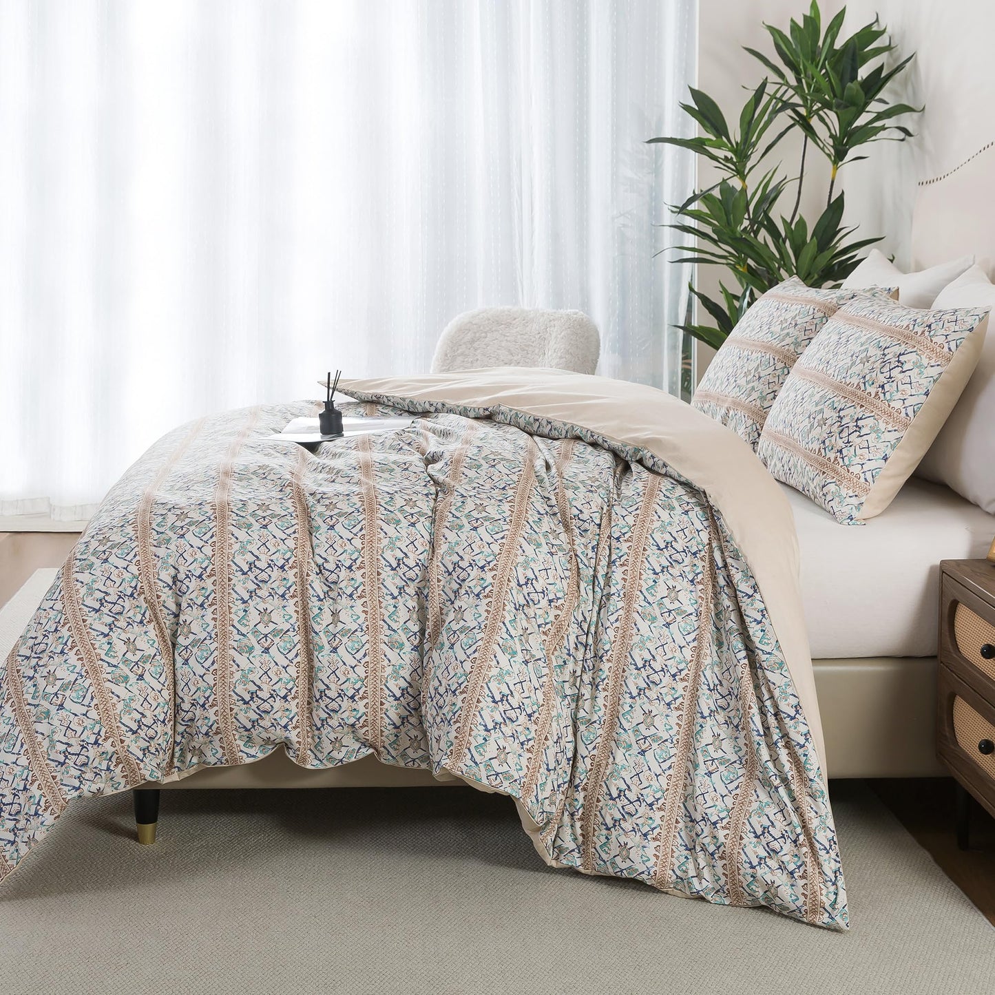 HoneiLife Retro Duvet Cover King - 100% Cotton Comforter Cover, Soft & Breathable Bed Linen Sets for King Bed