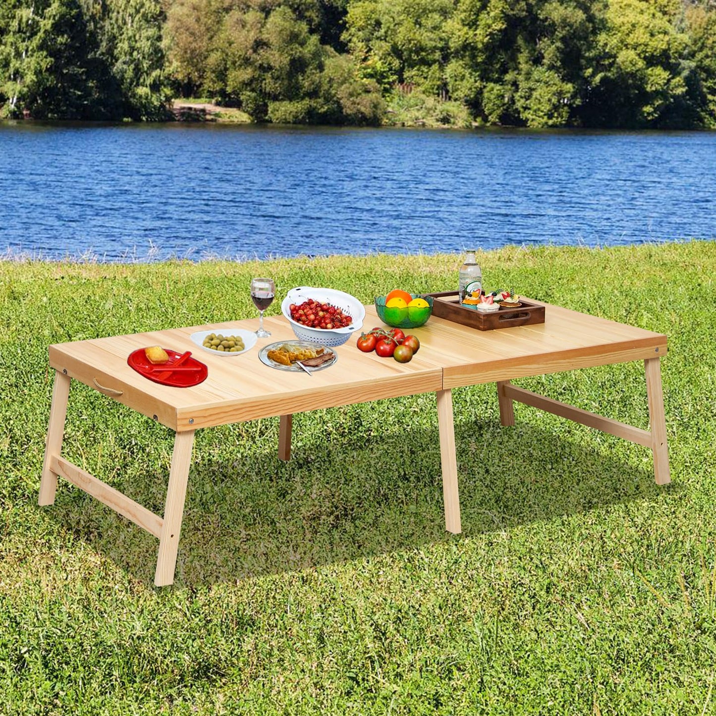 Zupemo Foldable Boho Wooden Picnic Table, No Assembly Required 60" x 30" Portable Outdoor Indoor Low Picnic Table for Floor Camping, Seating, Beach, Backyard, BBQ, Seats 6–8 People