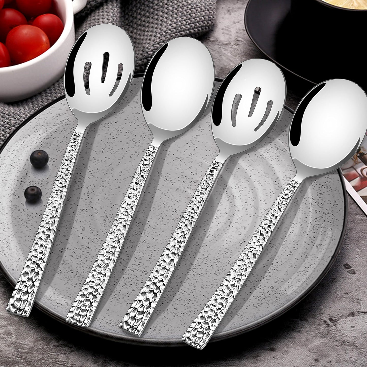 E-far Hammered Serving Spoons, 4-Piece Stainless Steel Serving Utensils Set Includes Slotted & Solid Spoons, Metal Hostess Tablespoons for Catering Buffet Party Kitchen Restaurant