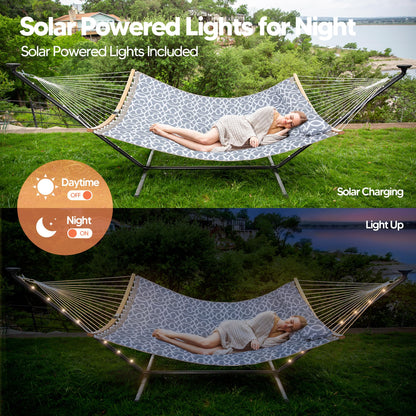 SUNCREAT Double Outdoor Hammock with 12 ft Stand, Solar Powered Lights, 2 Person Hammocks for Outside, Grey