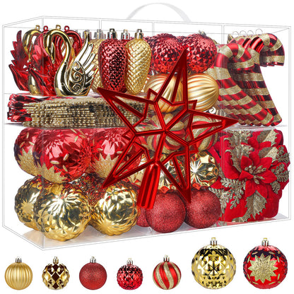 Alupssuc 128pcs Christmas Balls Ornaments Set, Shatterproof Plastic Baubles Christmas Flowers and Tree Topper for Xmas Tree Holiday Wedding Party Decorations with Hanging Strings, Red and Gold
