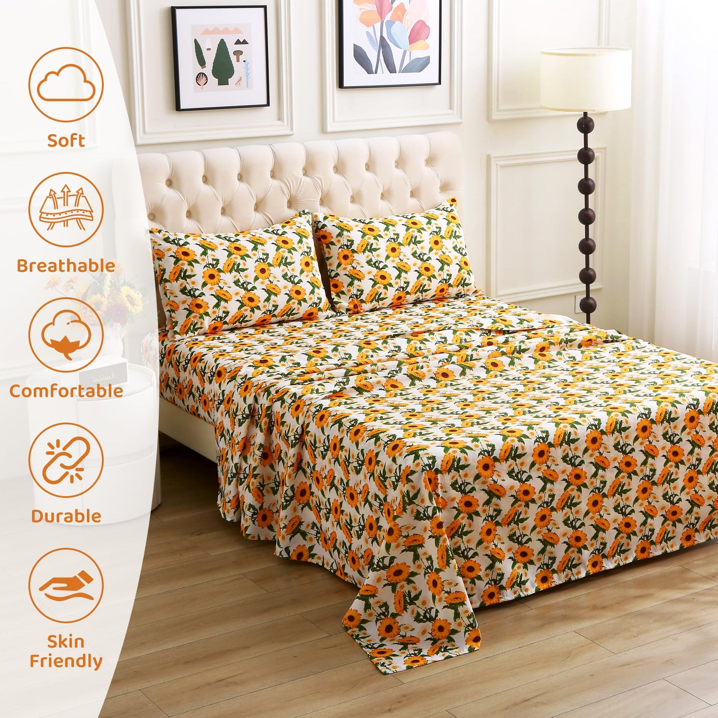 Mooreeke Cozy Vintage Microfiber Printed Floral Full Sheet Set - Soft & Breathable Yellow Sunflower Bed Sheets with Extra Deep Pocket - Non-Slip Fitted Design - Sunflower Pattern - Full