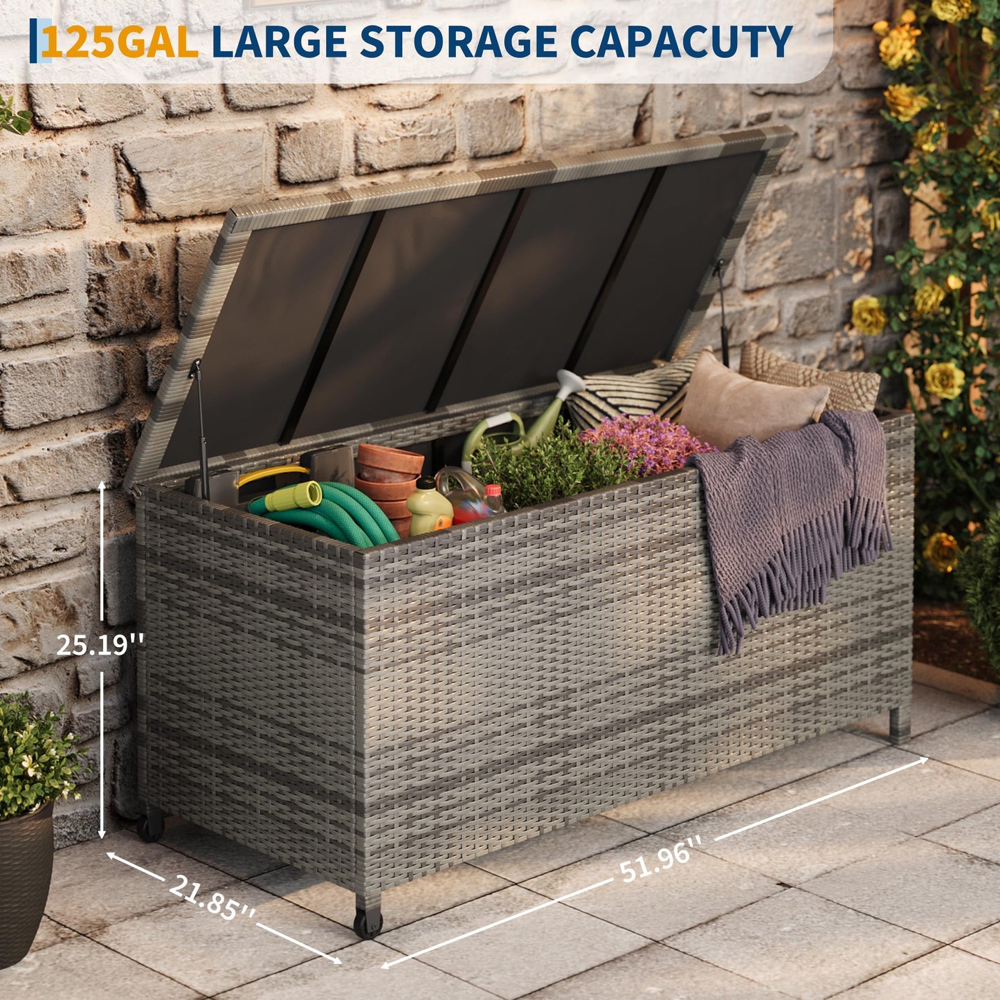 125 Gallon Outdoor Wicker Deck Box, All-Weather Waterproof Patio Storage with PE Rattan Finish & Steel Frame, for Cushions, Garden Tools, Pool Supplies, Lockable Gray Storage Box with Soft-Close Lid
