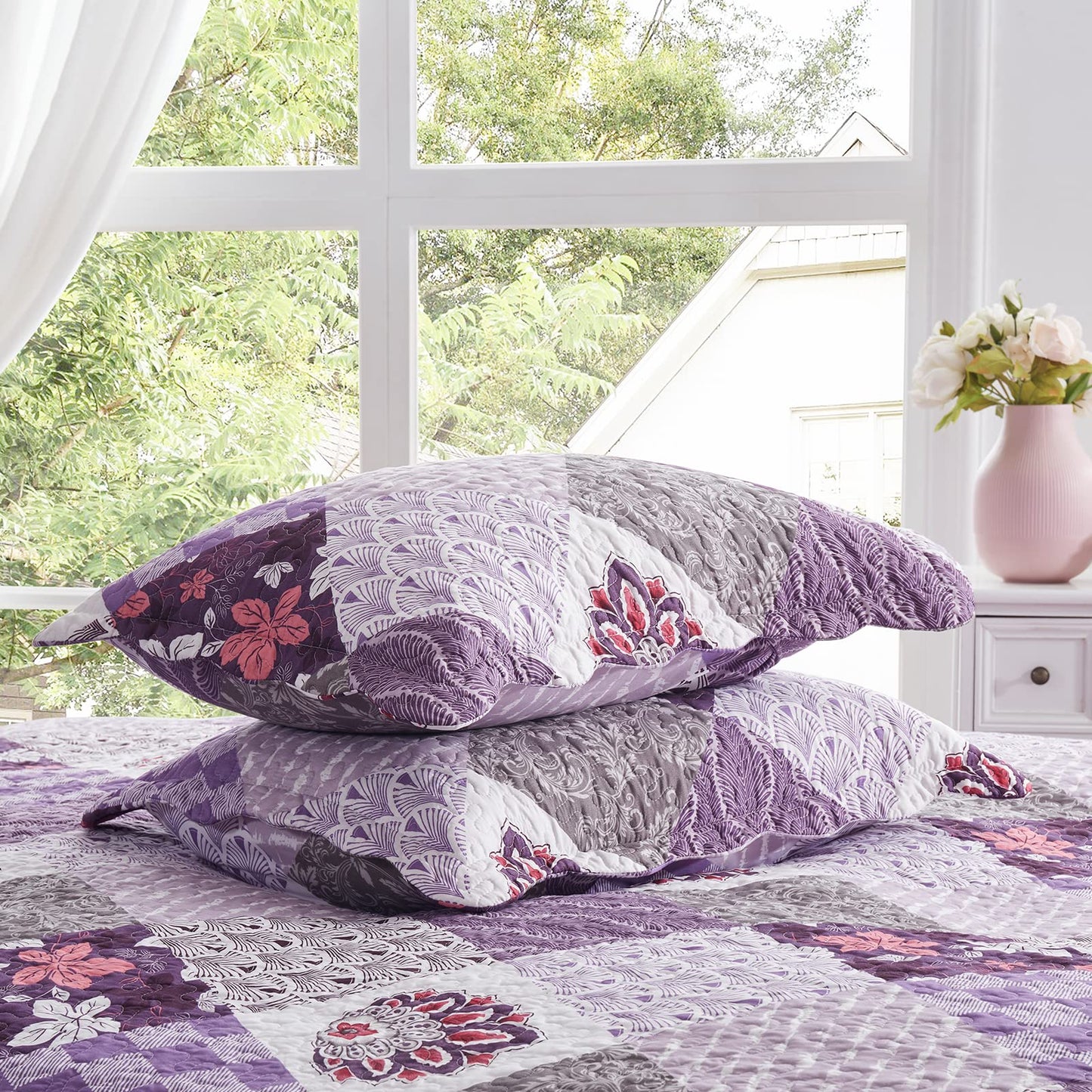 Full/Queen Size Quilt Set 3 Piece Lightweight Reversible Bedspread-90''x98'' Soft Patchwork Floral Coverlet Luxurious Warm Microfiber Bed Cover All Seasons Purple Bedding Set(1 Quilt,2 Pillow Shams)