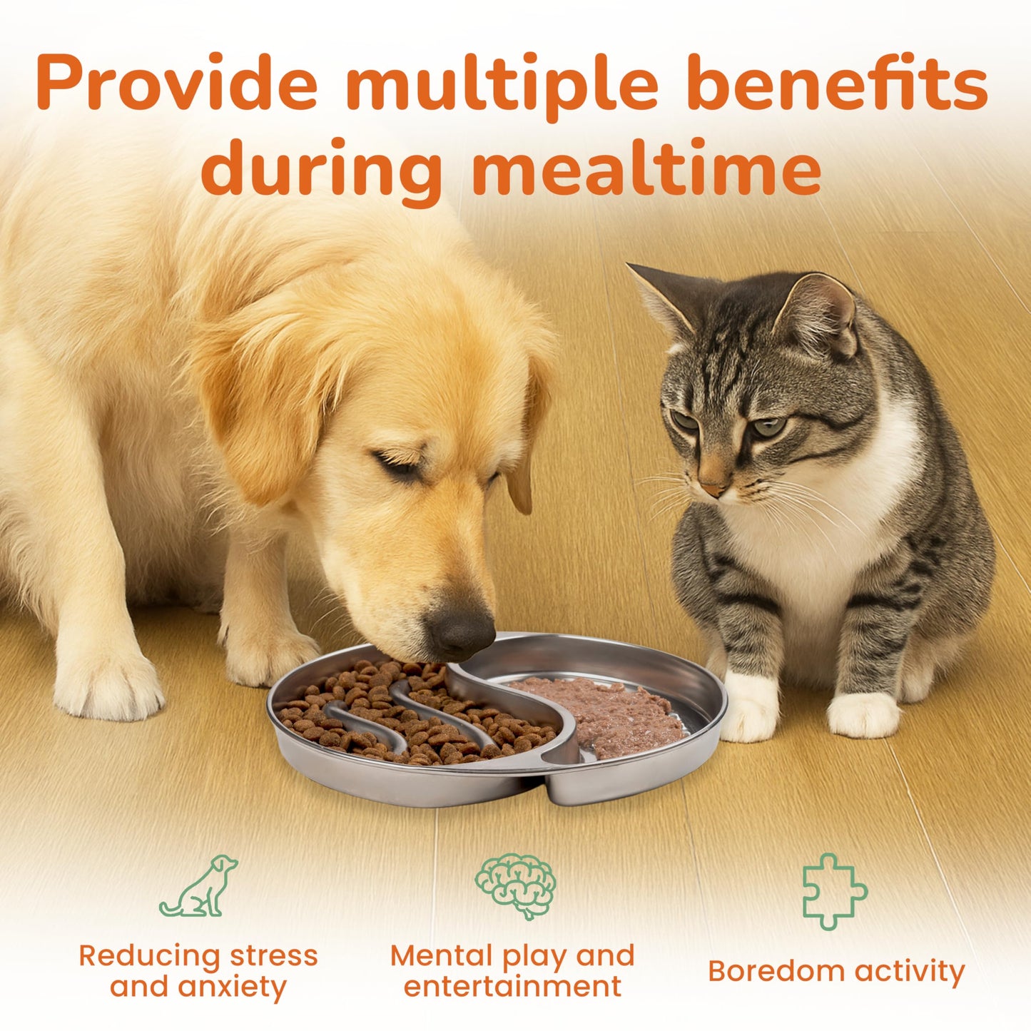 Stainless Steel Slow Feeder Dog and cat Bowl & Lick Mat – 2 Cups, Enrichment Puzzle for Small & Medium Pets, Improves Digestion & Supports Meal Variety, with Non-Slip Suction Cups