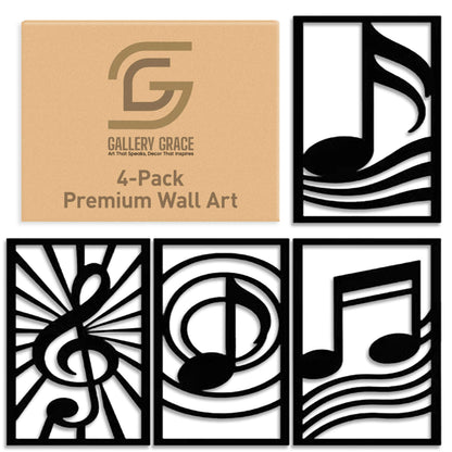 GALLERY GRACE Metal Wall Art Decor – 11" x 16" Set of 4 Single Line Abstract Wall Art for Living Room, Office, or Studio – Modern Minimalist Black Wall Decor with Music Note and Symbol Panels