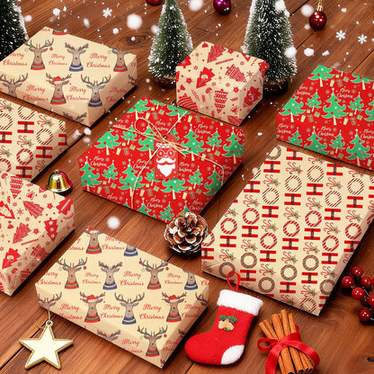 ENFANTRY Christmas Wrapping Paper, 4 Sheets Gift Wrapping Paper Bundle, Christmas Tree Reindeer Head Xmas Gift Paper, Thick Kraft Brown Paper for Chrimas, Birthday, New Year, Valentines, Wedding, Holiday Deco, DIY