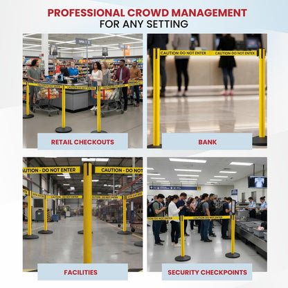 Crowd Control Warehouse Set of 2 Stanchion Retractable Belt Barriers, 11 Foot 'Caution Do Not Enter' Belt Barrier with 40” Yellow Posts, Barriers with Heavy Duty Concrete Base, CCW Series RBB-100