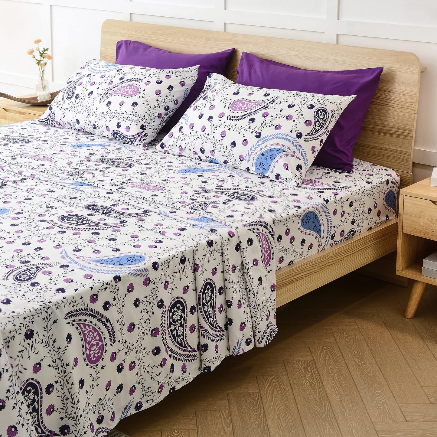 JSD 6 Piece Purple Paisley Sheet Set Queen Size, Soft Printed Microfiber Sheets with 4 Pillowcases Deep Pocket