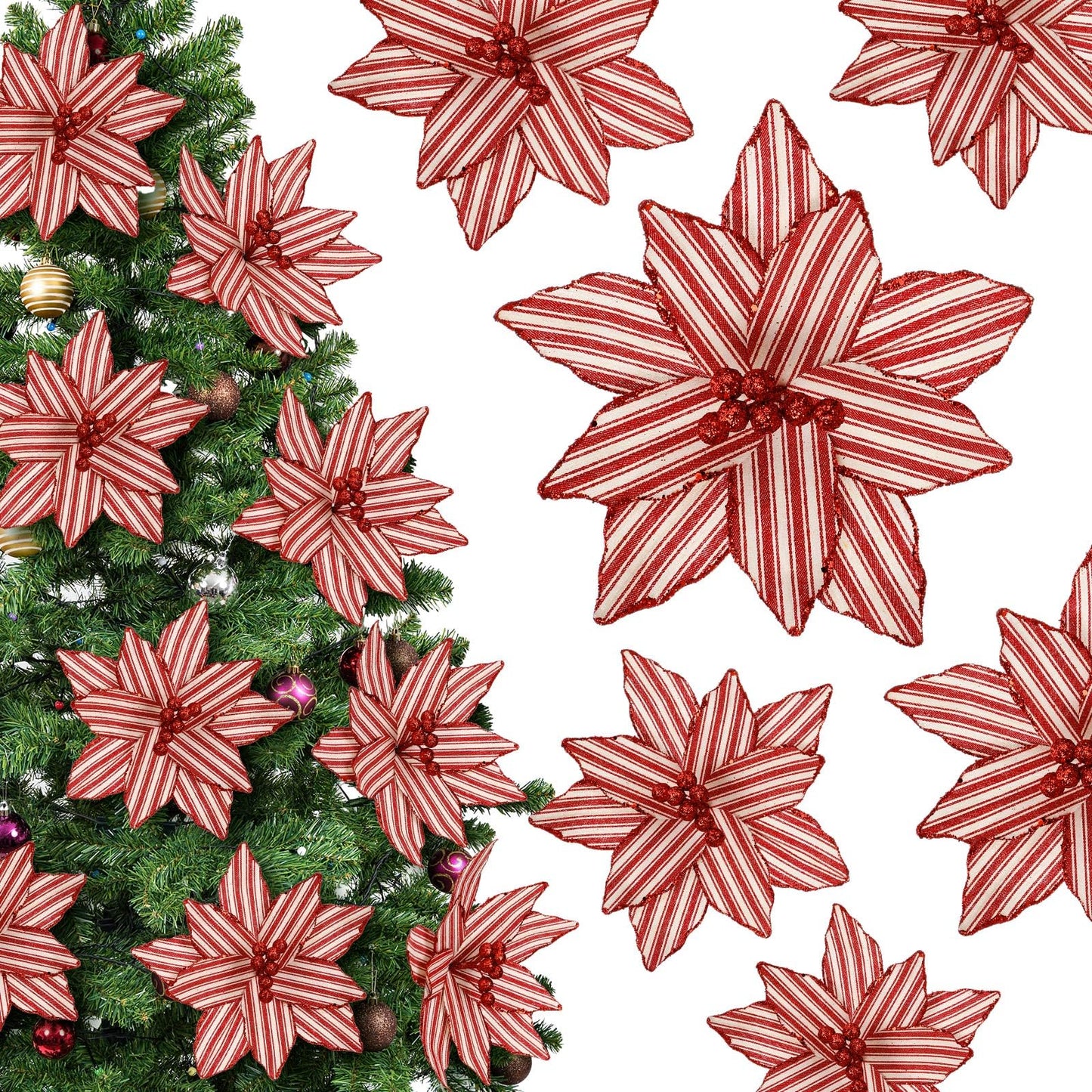 Soulchen 12 Pcs 12'' Red and White Christmas Poinsettia Candy Cane Poinsettia Christmas Tree Ornaments Peppermint Flower Tree with Stems Topper for DIY Xmas Wreath Garland Holiday Party Decor