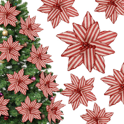 Soulchen 12 Pcs 12'' Red and White Christmas Poinsettia Candy Cane Poinsettia Christmas Tree Ornaments Peppermint Flower Tree with Stems Topper for DIY Xmas Wreath Garland Holiday Party Decor