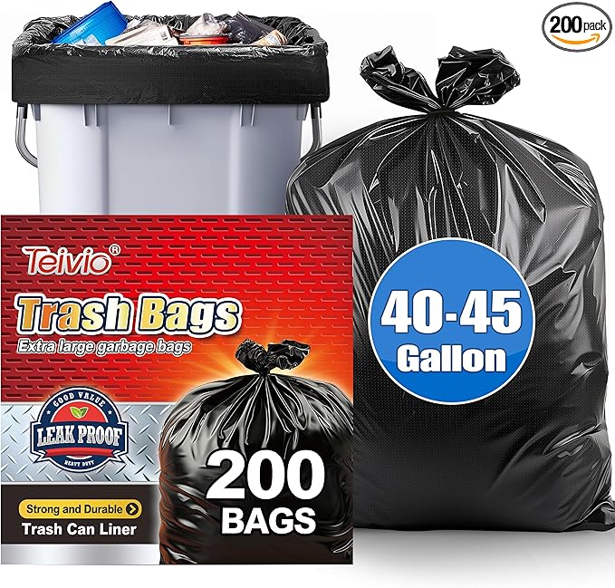 Teivio Large Black Trash Bags 40-45 Gallon 200 Counts Multipurpose Trash Bags