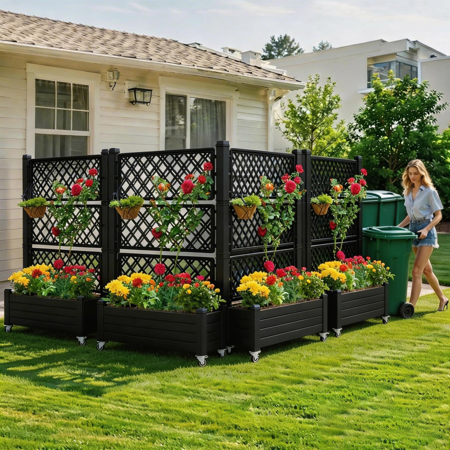 YITAHOME 3.6x1.5x5 FT Planter Box Trellis with Wheels, Large Outdoor Plastic Raised Garden Bed with Drain Plug for Climbing Plants, Black