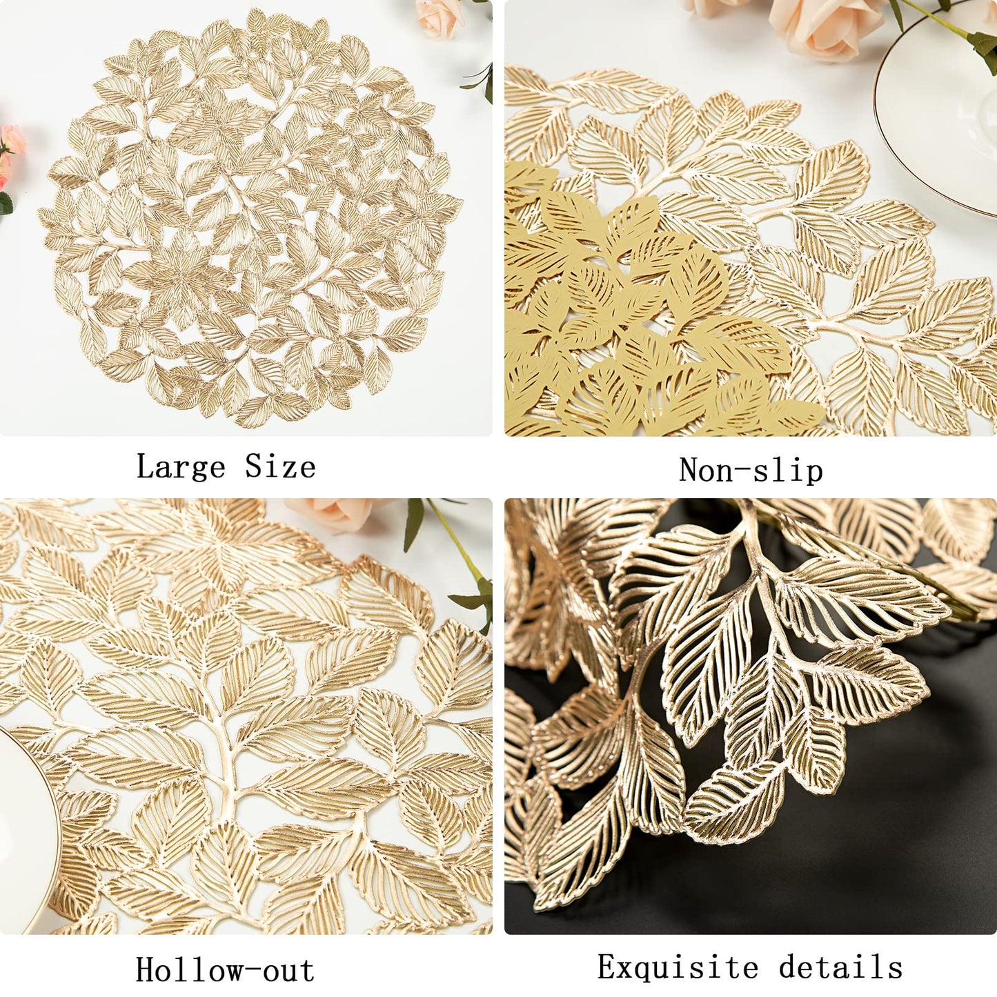 Crisjanggo Metallic Placemats Set of 6 Gold Leaf Round Placemats Non-Slip Wipeable Table Mats for Dinner,Party,Wedding Accent Centerpiece