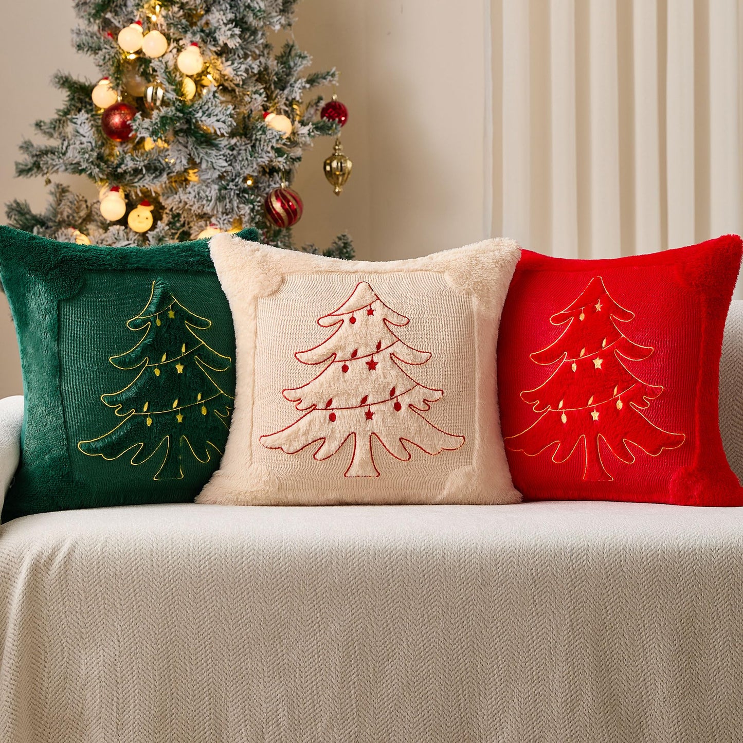 DFXSZ Christmas Pillow Covers 18x18 Red Star Light Beige Christmas Tree Decoration Soft Plush Faux Fur Jacquard Throw Pillows for Bedroom Sofa Holiday Festivals Winter Home Decor PTK067C18