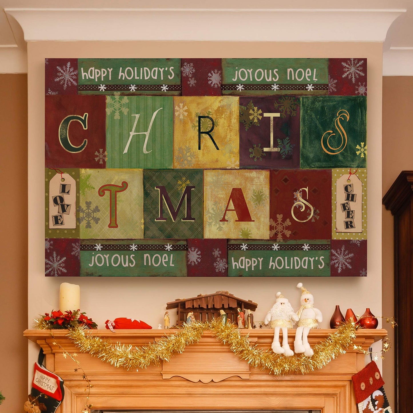 Renditions Gallery Happy Xmas Modern Wall Prints Holiday Christmas Blocks Canvas Artwork Wall Hanging Modern Prints for Bedroom Dining Living Room Office Home Kitchen Wall Decor - 32"X48" LT18