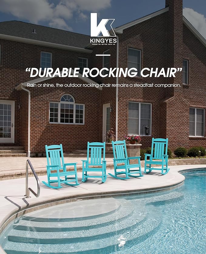 KINGYES HDPE Rocking Chairs Outdoor, Patio Rocking Chairs with 330lbs Support, Smooth Porch Rocker for Deck Lawn Yard, Aruba Blue