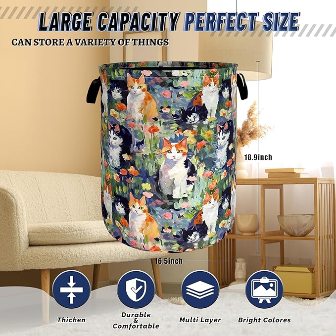 Watercolor Cats Laundry Hamper Foldable Oxford Cloth Cute Animal Cat Laundry