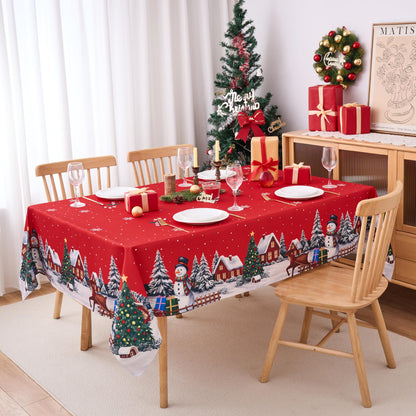 Christmas Tablecloths Rectanglar Winter Snowman Farmhouse Christmas Tree Table Cloth- 60 x 84 Oblong Polyester Red Xmas Table Cover Washable Waterproof for Holiday Decoration Party Kitchen Dining