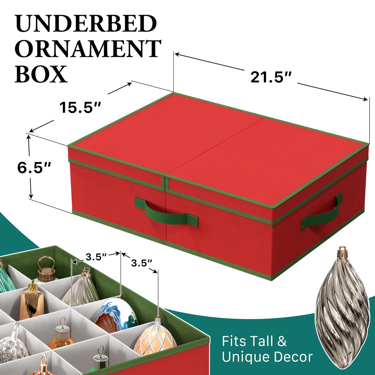 Simple Houseware Heavy-Duty Christmas Ornament Storage Bin for Oversized & Tall Finials, Fits 3.5 in Balls, Underbed Low Profile