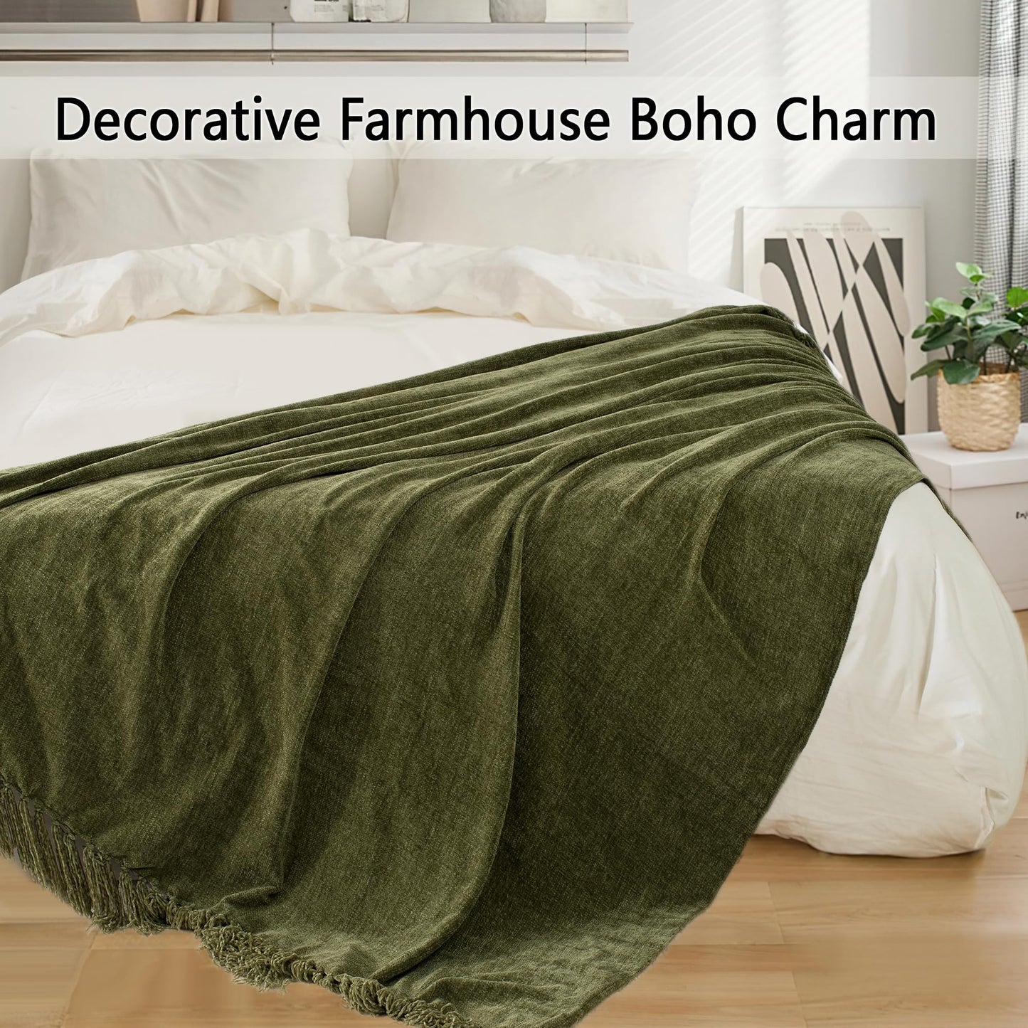 LONG CREATE Chunky Knit Throw Blanket Bundle Chenille Throw Blanket， 50"X 60" Olive Green