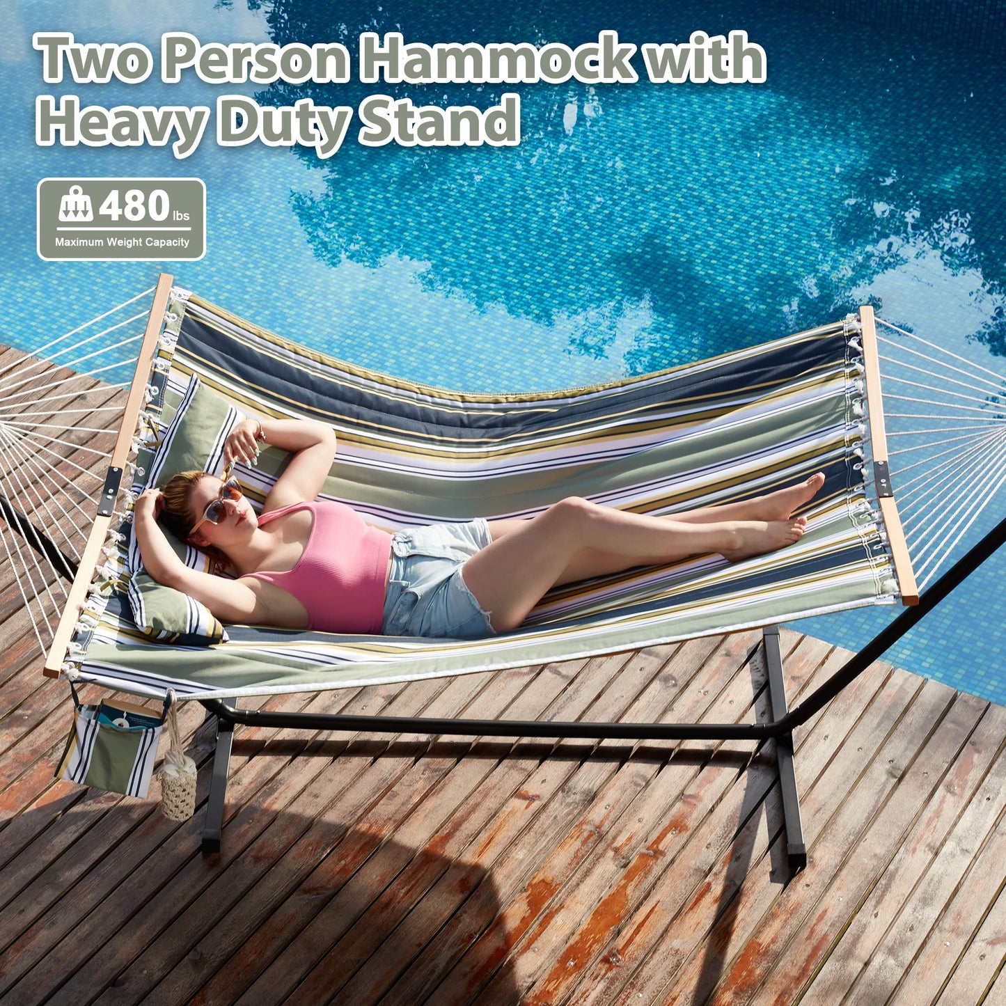 Homgava Two Person Hammock with Stand for Outside Heavy Duty, Outdoor Patio Hammock with Portable Steel Stand, Large Double Hammocks,480lbs Capacity.(Grey Stripes)