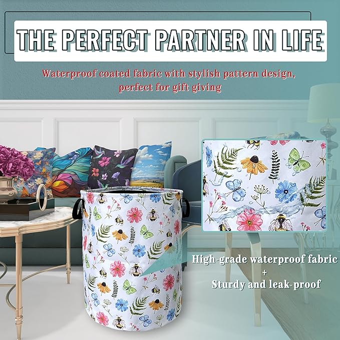Cute Bee Floral Flowers Laundry Basket Foldable