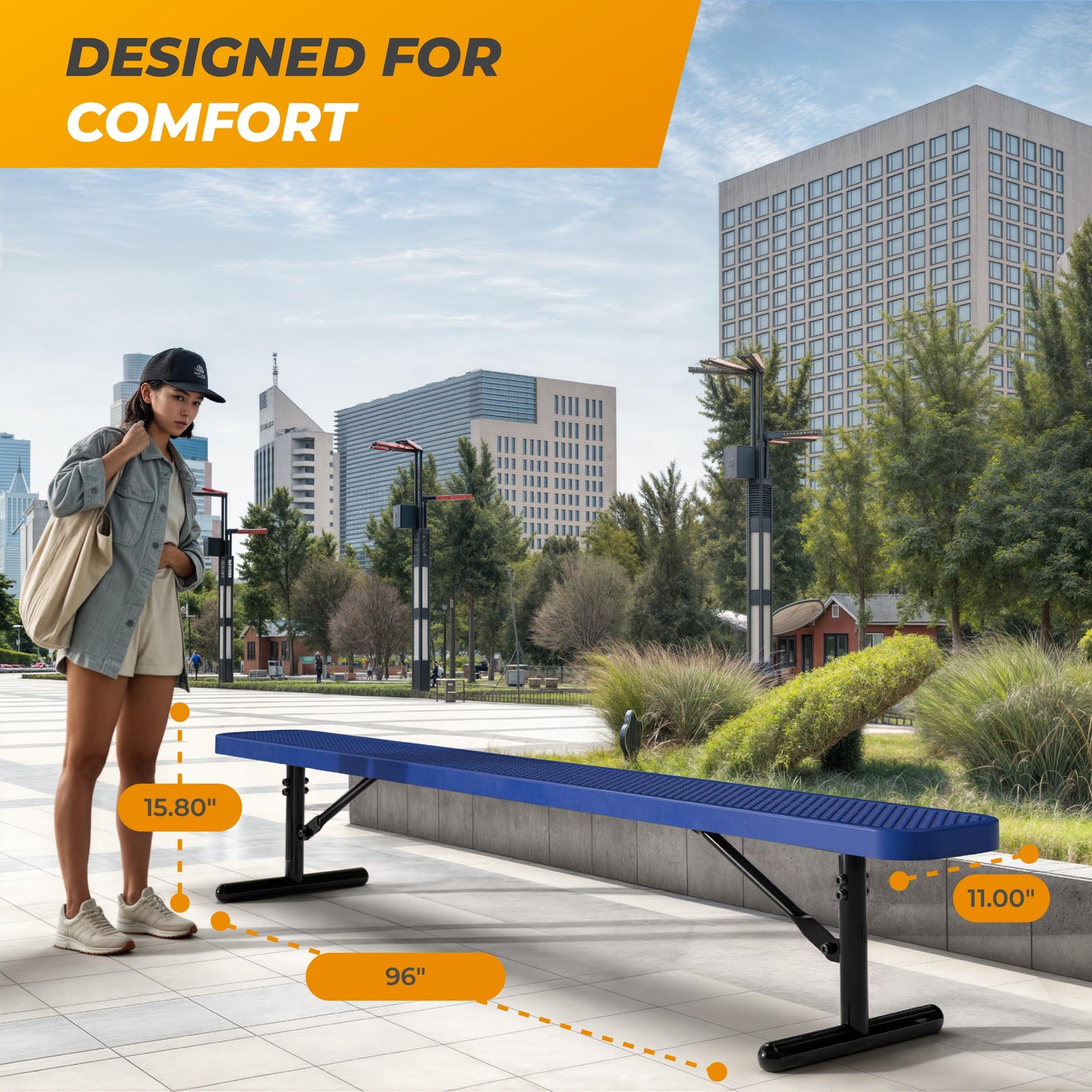 OUTTANS Heavy-Duty Outdoor Metal Bench, Thermoplastic-Coated, Portable, Weatherproof, Commercial-Grade for Parks, Gardens, Patios, Stores & More (8 Ft - Portable, Blue)