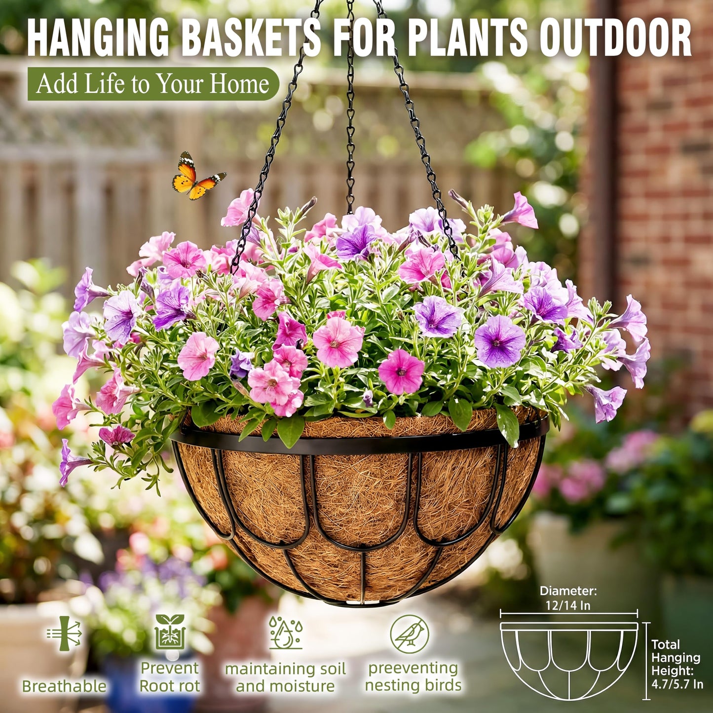 MUYEZHIYU 4 Pack 14 Inch Hanging Planters for Outdoor Plants, Black Metal Wire Hanging Flower Baskets with Coco Coir Liner, Large Hanging Plant Pots for Garden, Patio, Balcony, Indoor Home Decor