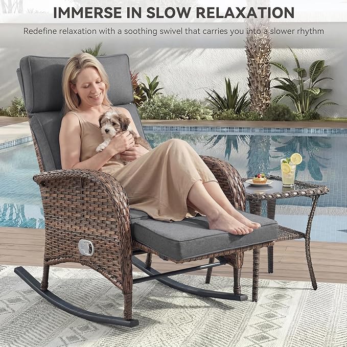 Zero Gravity Patio Rocking Wicker Recliner Chair - Wicker Outdoor Lounge Chair with Adjustable Backrest & Footrest, All Weather Reclining Rocker Chairs with Thick Cushion for Pool Deck Gray